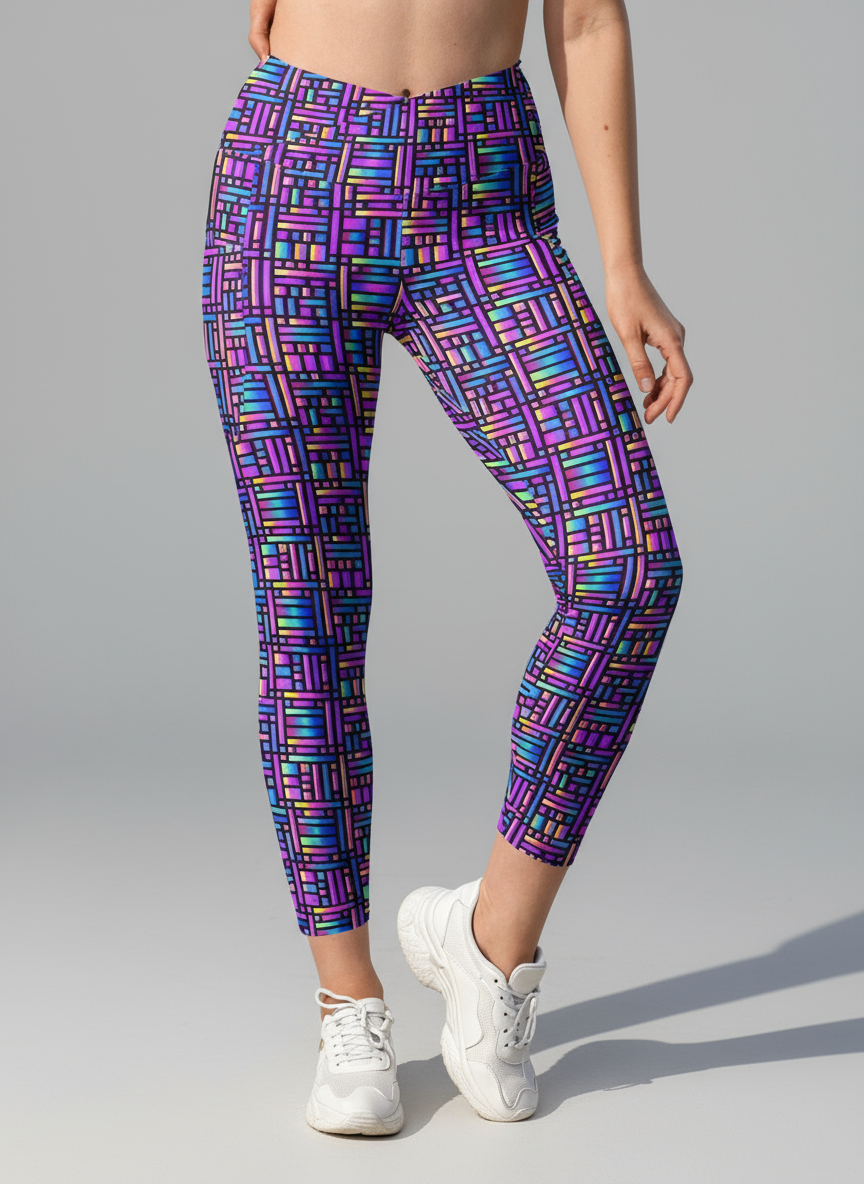 Close up, front view of bright, colourful Pixel Pulse Crossover leggings by Pixie and Sherbet.
