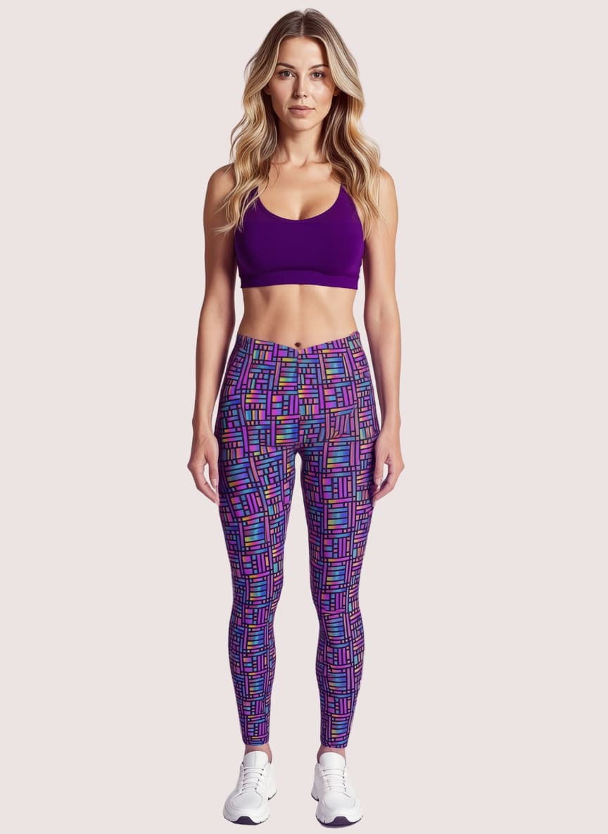 Woman wearing a purple sports bra and patterned leggings on a white background