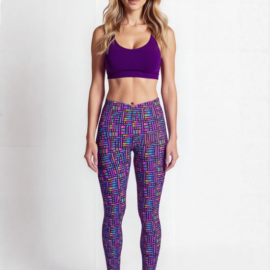 Woman facing forward wearing Pixel Pulse Crossover leggings with a vibrant, multicolored geometric grid pattern, paired with a purple sports bra and white sneakers, standing against a plain background.