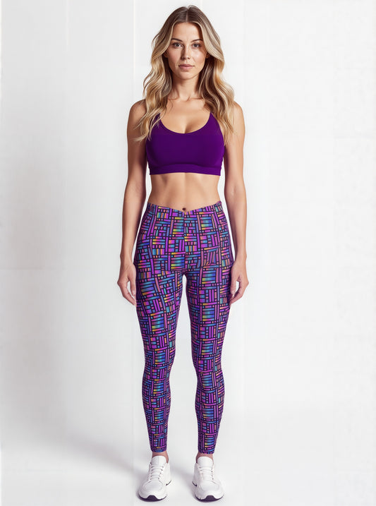 Woman facing forward wearing Pixel Pulse Crossover leggings with a vibrant, multicolored geometric grid pattern, paired with a purple sports bra and white sneakers, standing against a plain background.