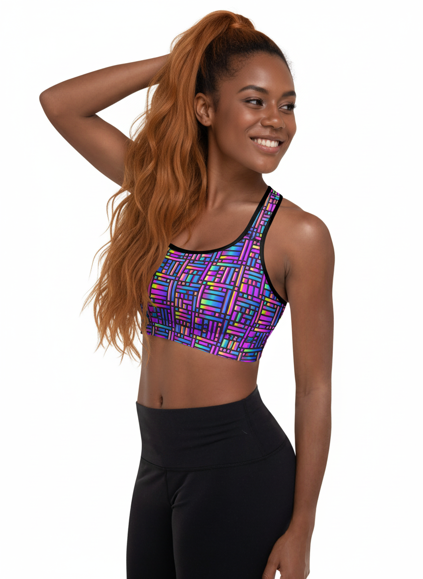 Woman wearing a colorful sports bra and black leggings on a white background