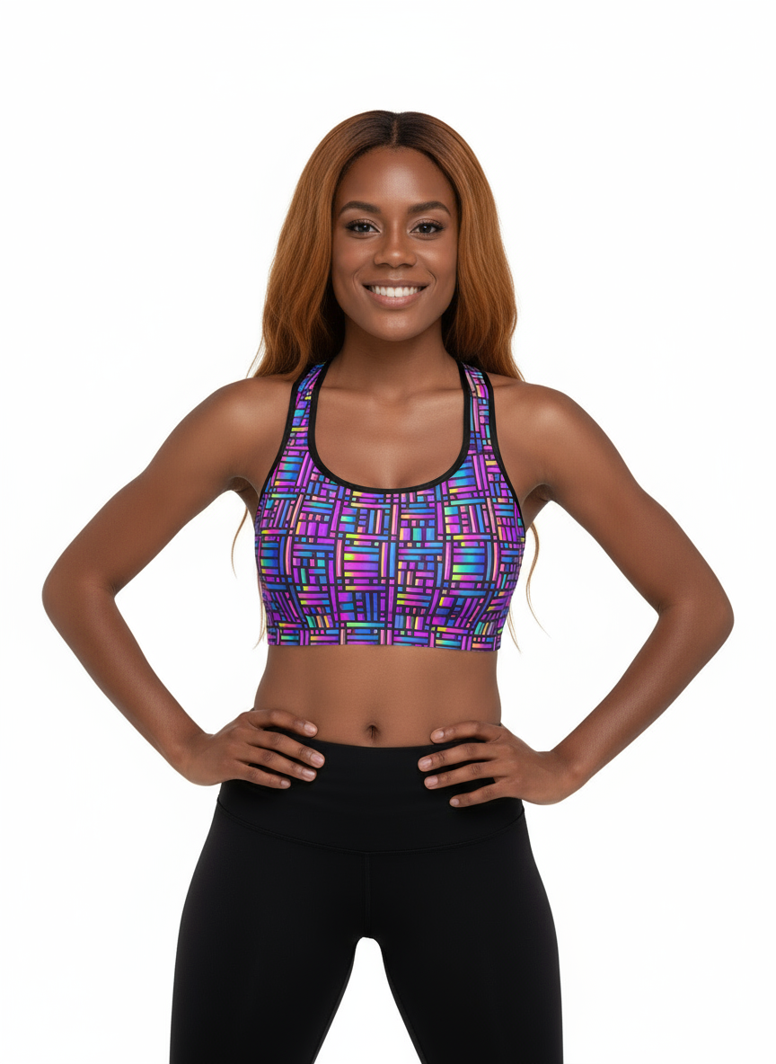 Woman wearing a colorful patterned sports bra and black leggings on a white background