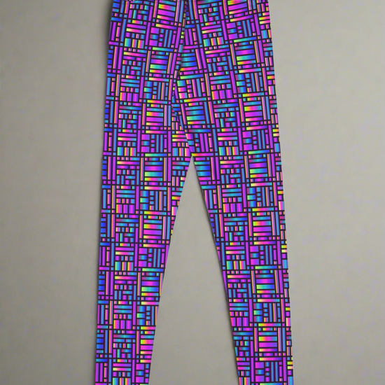 Back view flat lay of Pixel Pulse Yoga leggings with vibrant multicolored geometric pattern in pink, purple, blue, green, and yellow on a high-rise waistband, displayed on a neutral background