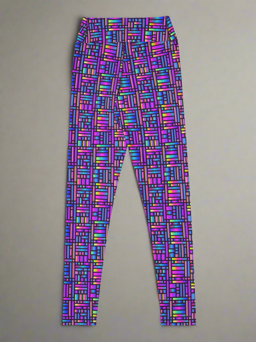 Back view flat lay of Pixel Pulse Yoga leggings with vibrant multicolored geometric pattern in pink, purple, blue, green, and yellow on a high-rise waistband, displayed on a neutral background