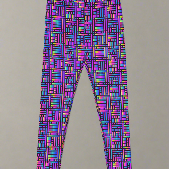 Front view flat lay of Pixel Pulse Yoga leggings with vibrant multicolored geometric pattern in pink, purple, blue, green, and yellow on a high-rise waistband, displayed on a neutral background