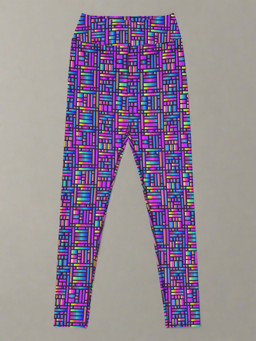 Front view flat lay of Pixel Pulse Yoga leggings with vibrant multicolored geometric pattern in pink, purple, blue, green, and yellow on a high-rise waistband, displayed on a neutral background