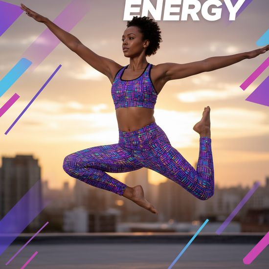 Woman in athletic wear performing a yoga pose with 'Unleash Your Energy' text and Pixel Pulse Yoga branding.