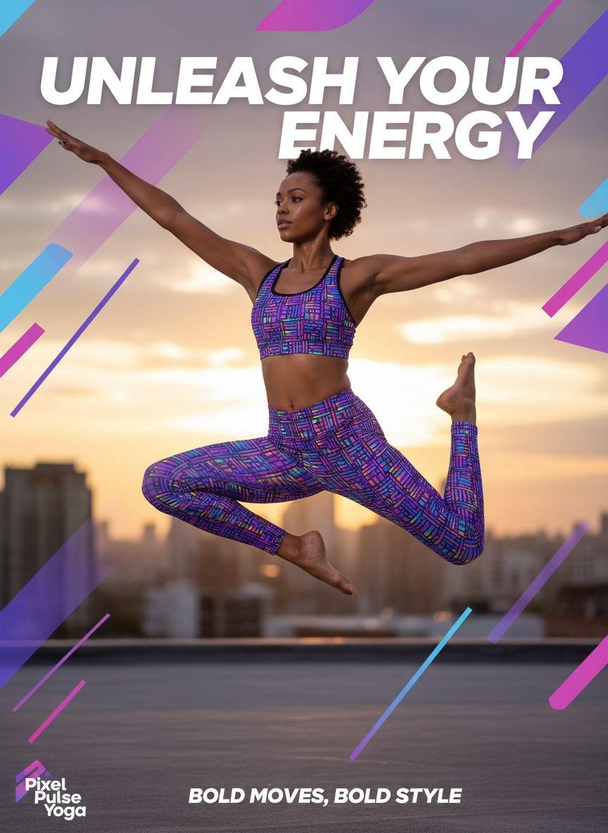 Woman in athletic wear performing a yoga pose with 'Unleash Your Energy' text and Pixel Pulse Yoga branding.