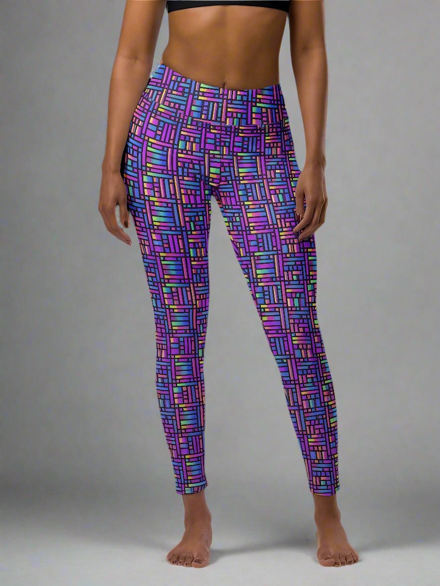 Front view of woman wearing Pixel Pulse Yoga leggings with vibrant multicolored geometric pattern in purple, pink, blue, green, and yellow, paired with a black sports bra, barefoot against a plain gray background.