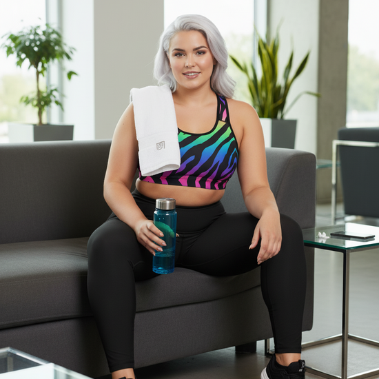 Woman in colorful zebra-patterned workout outfit sitting on a couch holding a water bottle.
