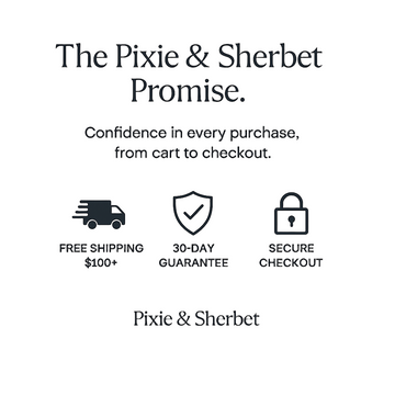 Pixie & Sherbet Promise graphic with icons and text on a white background