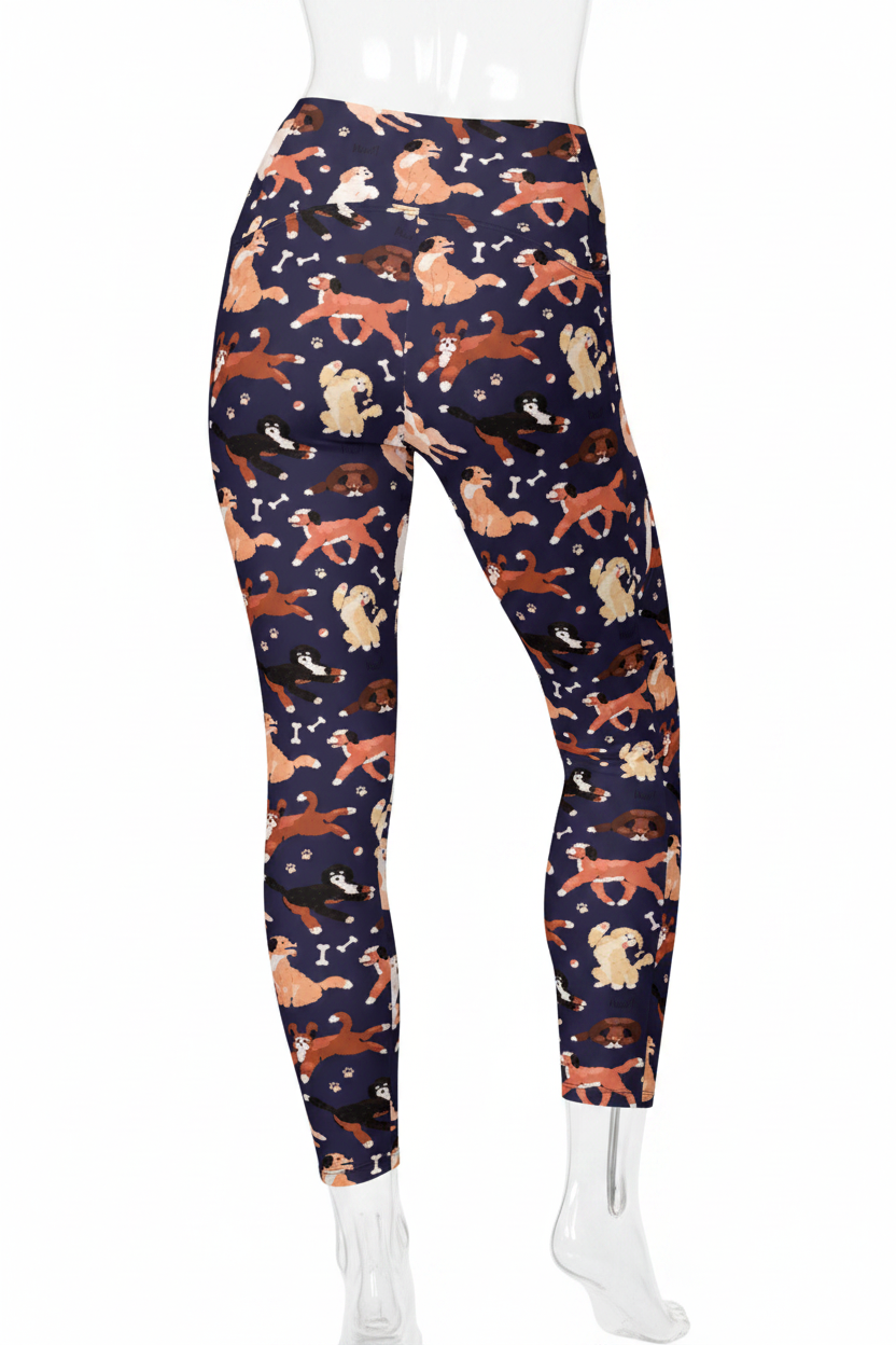 A pair of high-waisted leggings with an all-over dog print on a navy blue background, shown on a model against a plain white background. 