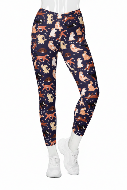 A mannequin wearing navy leggings with an allover print of various dog breeds in beige, orange, and white, paired with white sneakers against a plain white background.