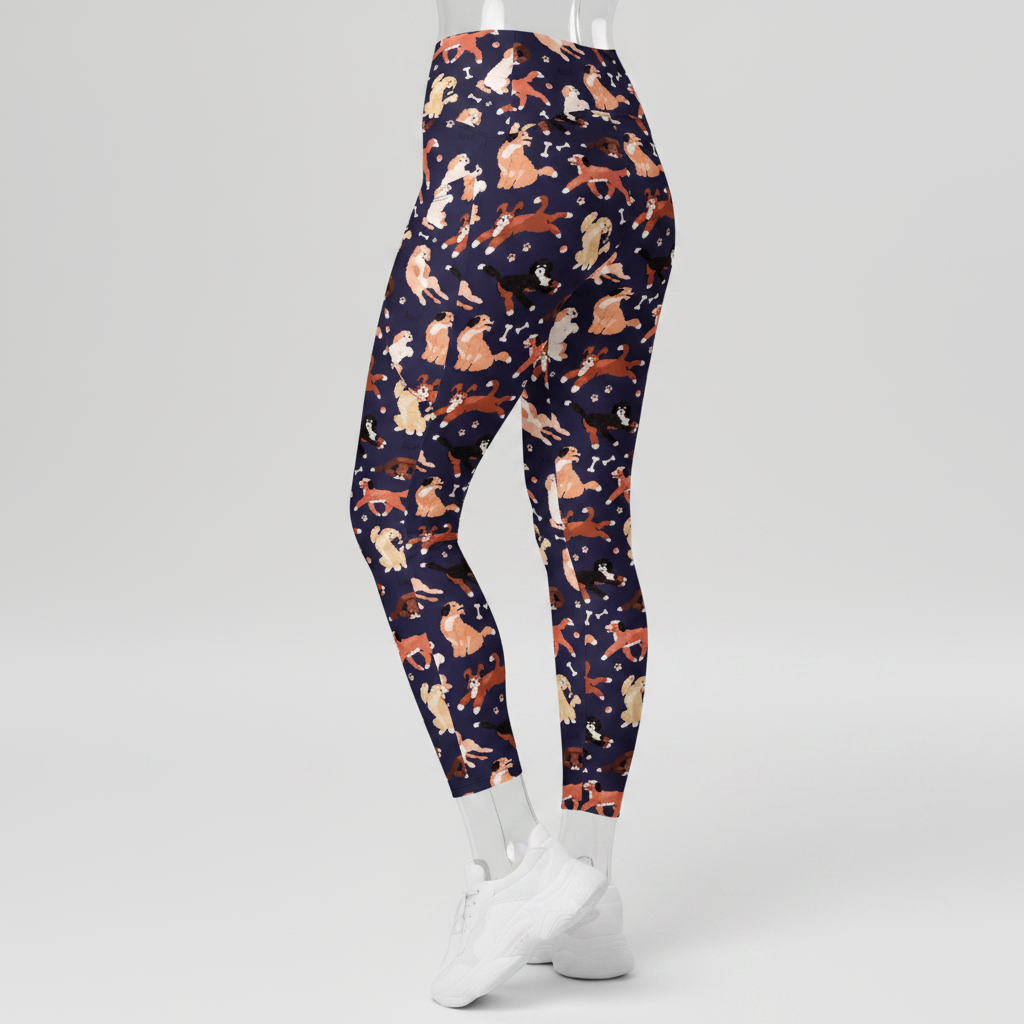 A mannequin wearing high-waisted navy leggings with an allover pattern of cartoon dogs in tan, cream, and rust tones, paired with white sneakers against a plain white background.