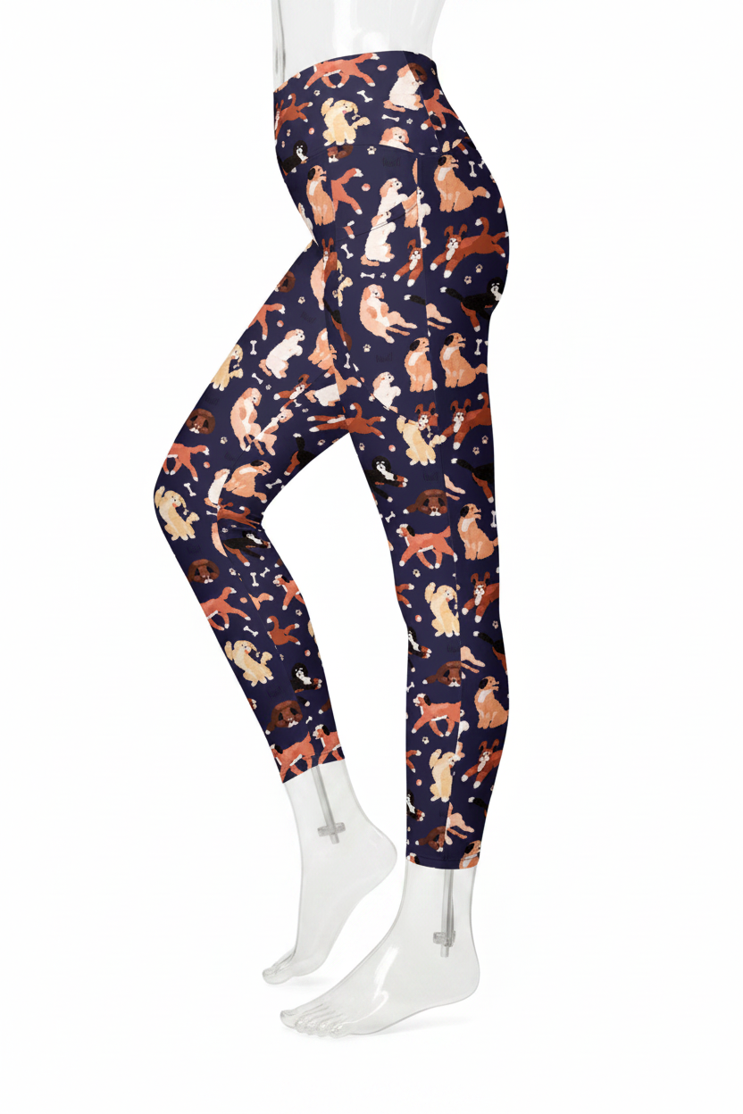 A mannequin wearing high-waisted leggings with an all-over fox print in orange, cream, and white on a dark navy background, paired with white sneakers against a plain white studio background.