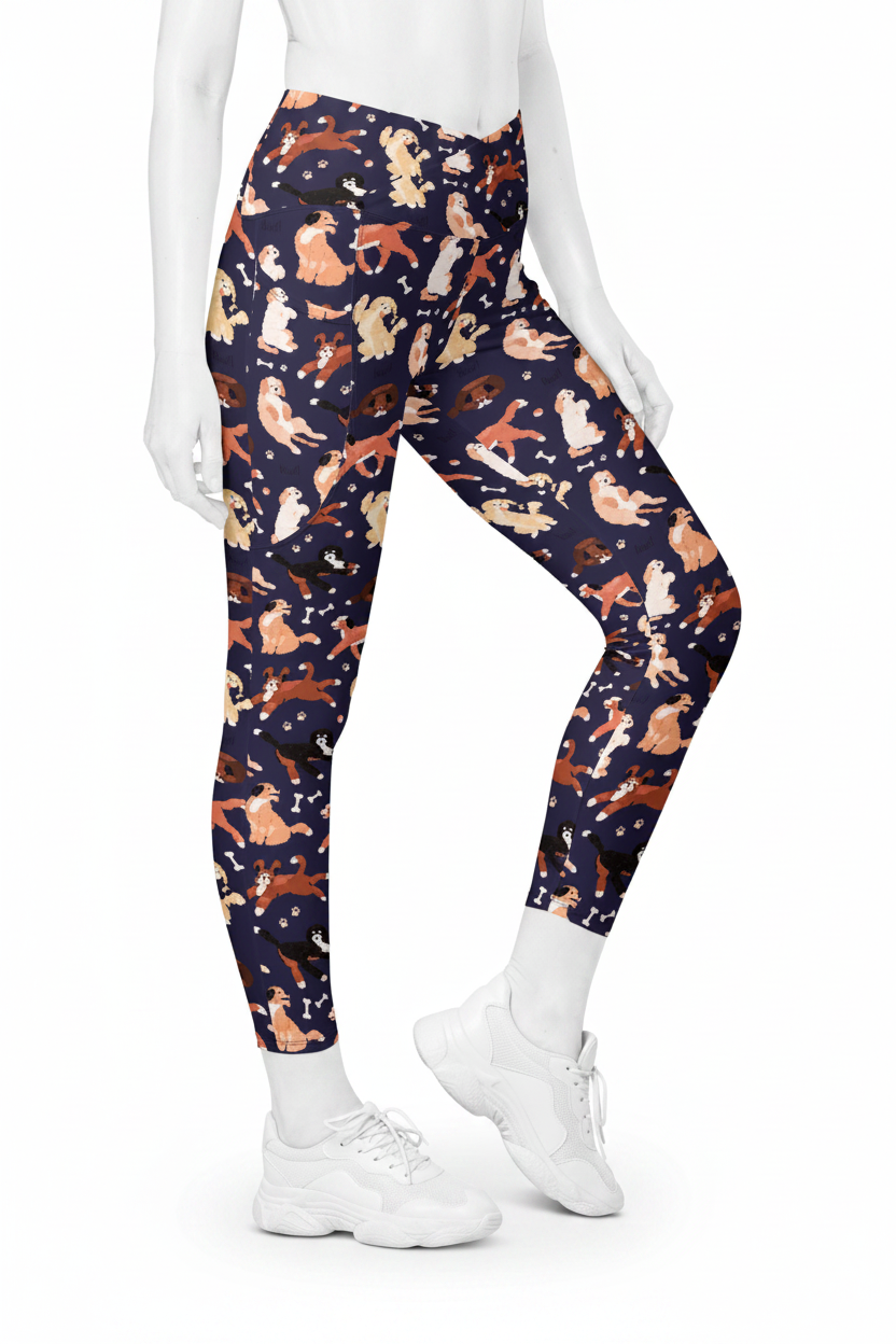 A mannequin modeling high-waisted leggings with an all-over cat print on a dark navy background, paired with white sneakers against a plain white studio background.
