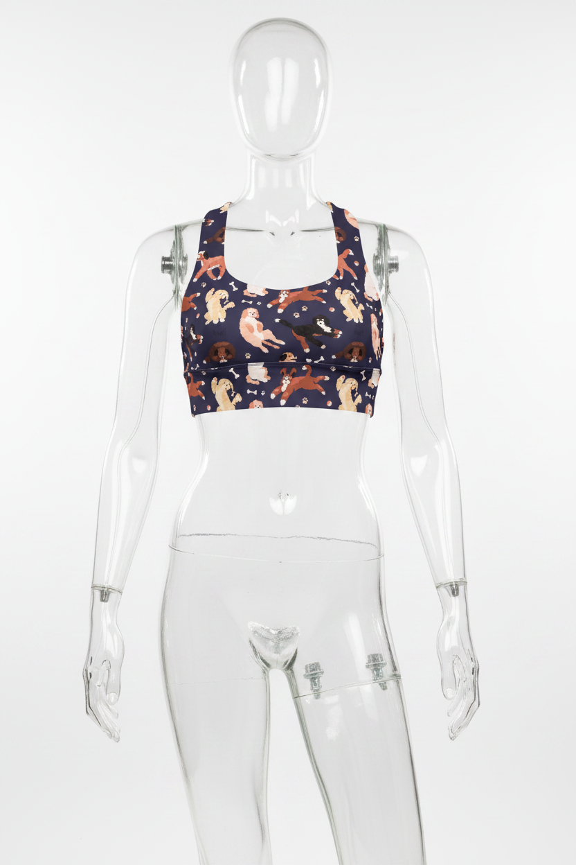 A women's sports bra with a navy blue background and an all-over print of various dog breeds in beige, brown, and black, interspersed with small white bone and paw print motifs. It features a white racerback-style back. 