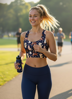 Woman running outdoors holding a water bottle, wearing a patterned sports bra and black leggings.