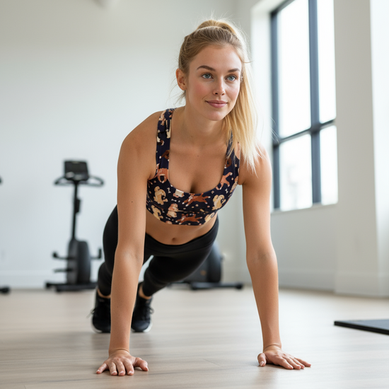 Woman in athletic wear performing a plank exercise in a bright room.