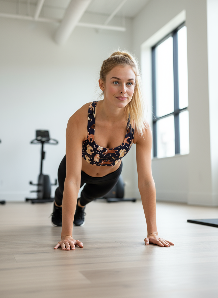 Woman in athletic wear performing a plank exercise in a bright room.