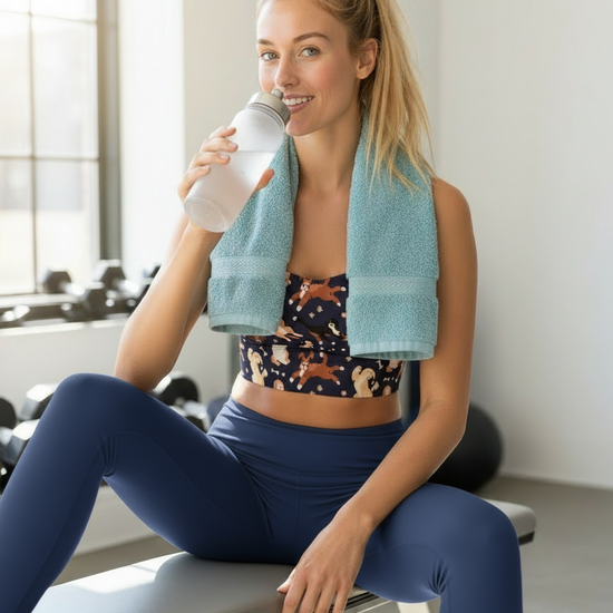 Woman sitting on a gym bench with a towel over her shoulder and a water bottle, smiling.