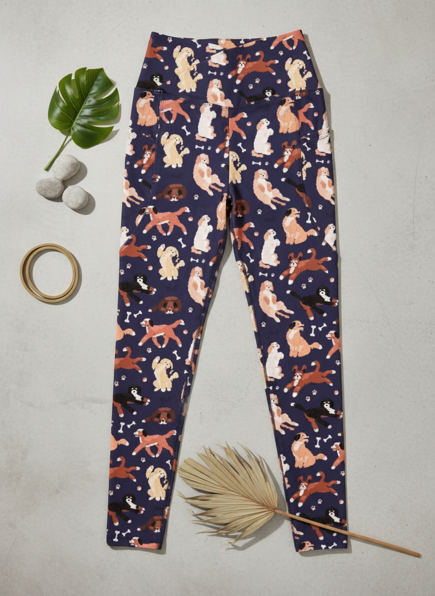 Navy leggings with dog pattern on a light gray background