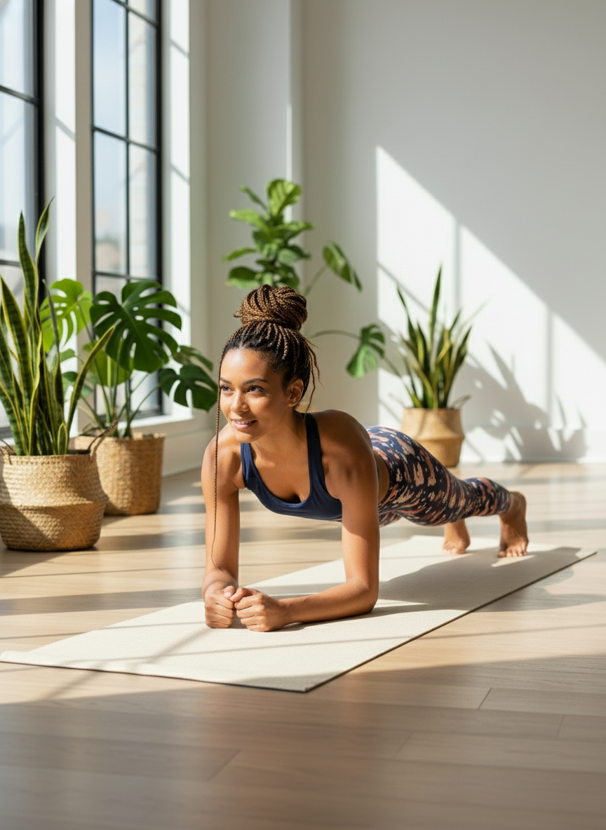 Woman doing a yoga pose in a bright room with plants
