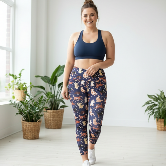 Woman wearing a navy sports bra and patterned leggings standing in a bright room with plants.