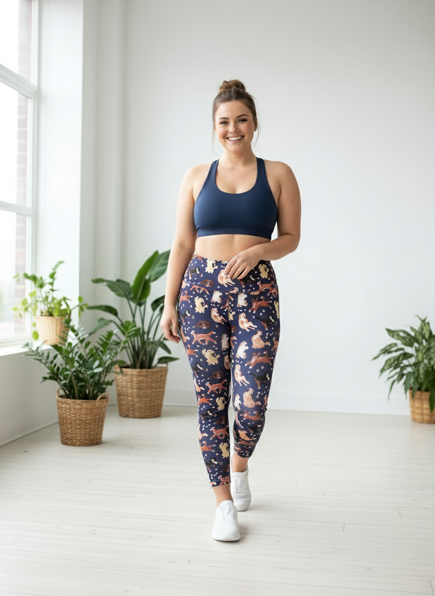 Woman wearing a navy sports bra and patterned leggings standing in a bright room with plants.