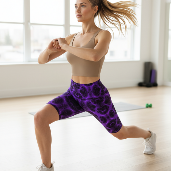Purple Patterned Athletic Shorts - Side profile view showing high-waisted design and mid-thigh length