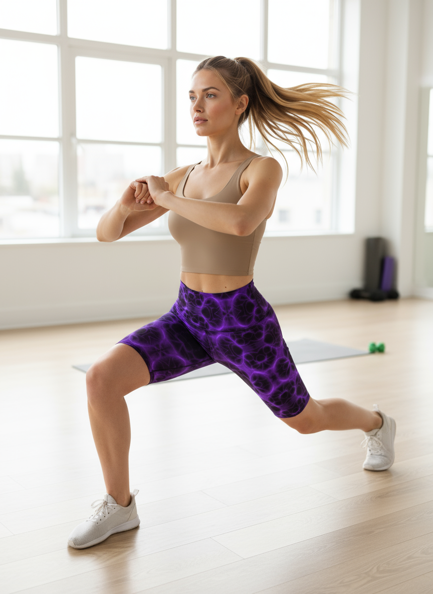 Purple Patterned Athletic Shorts - Side profile view showing high-waisted design and mid-thigh length