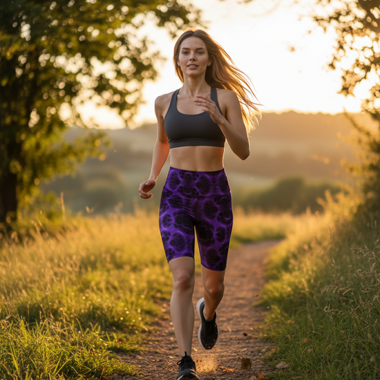 Purple Patterned Athletic Shorts - Woman running outdoors, active performance wear