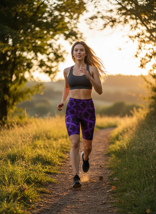 Purple Patterned Athletic Shorts - Woman running outdoors, active performance wear