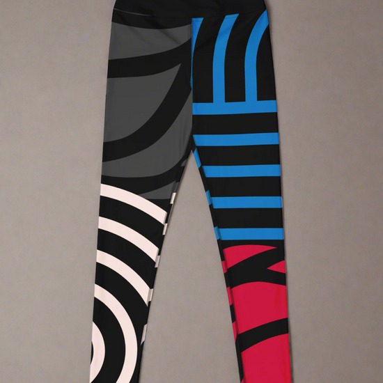 Front flat lay view of colourful abstract patterned leggings on a grey background