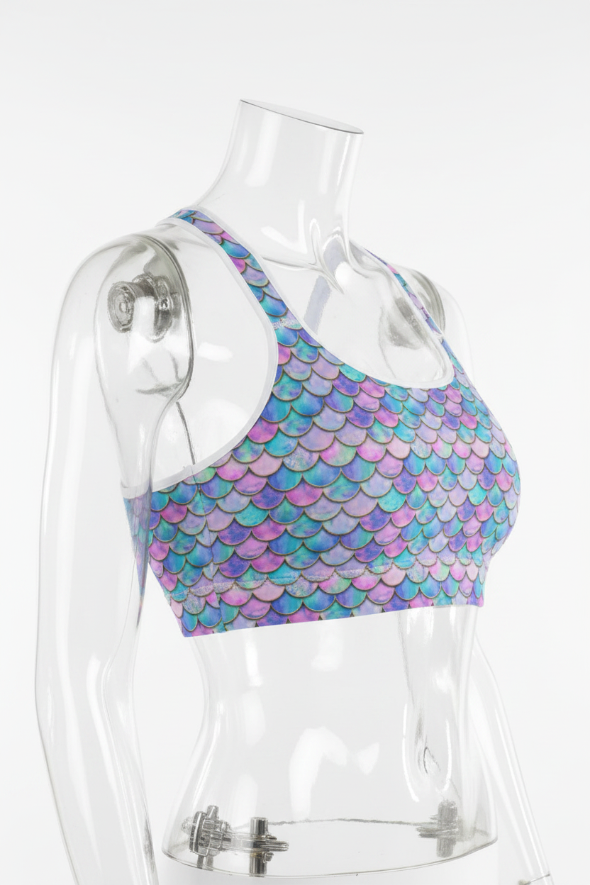 A mannequin wearing a sports bra with a colorful mermaid scale pattern in shades of purple, blue, and pink, paired with white leggings against a plain white background.