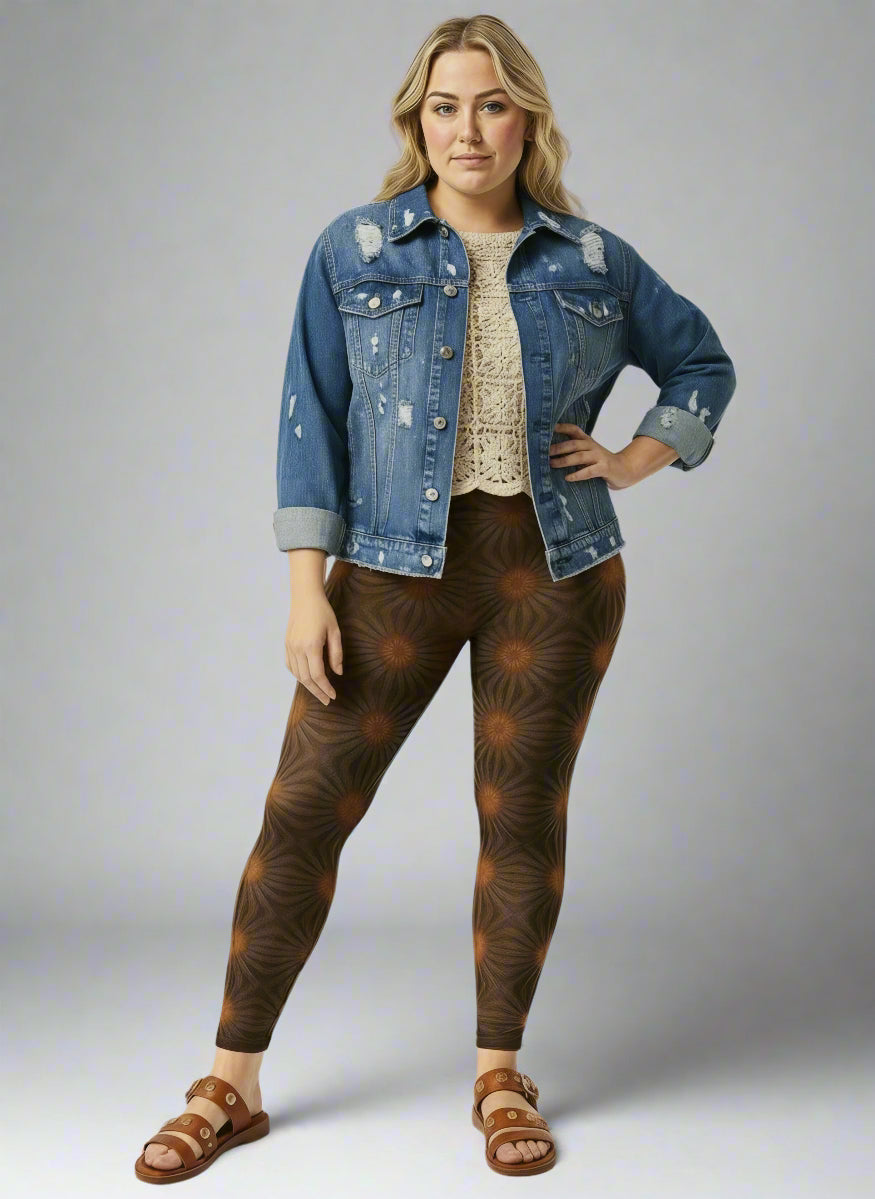 Women’s Rustic Amber yoga leggings brown radial geometric print styled with a cream crochet top, blue distressed denim jacket, and brown double-strap sandals against a pale gray backdrop.