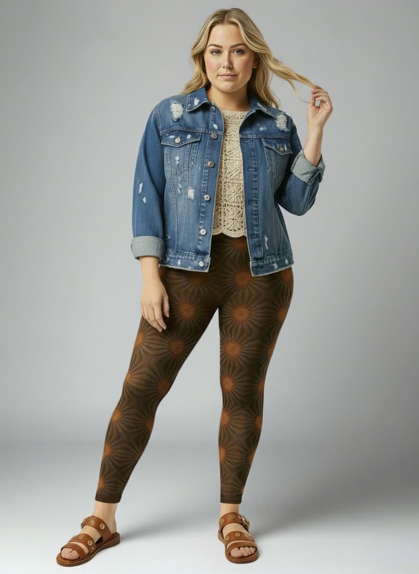 Woman wearing a denim jacket and patterned leggings on a gray background