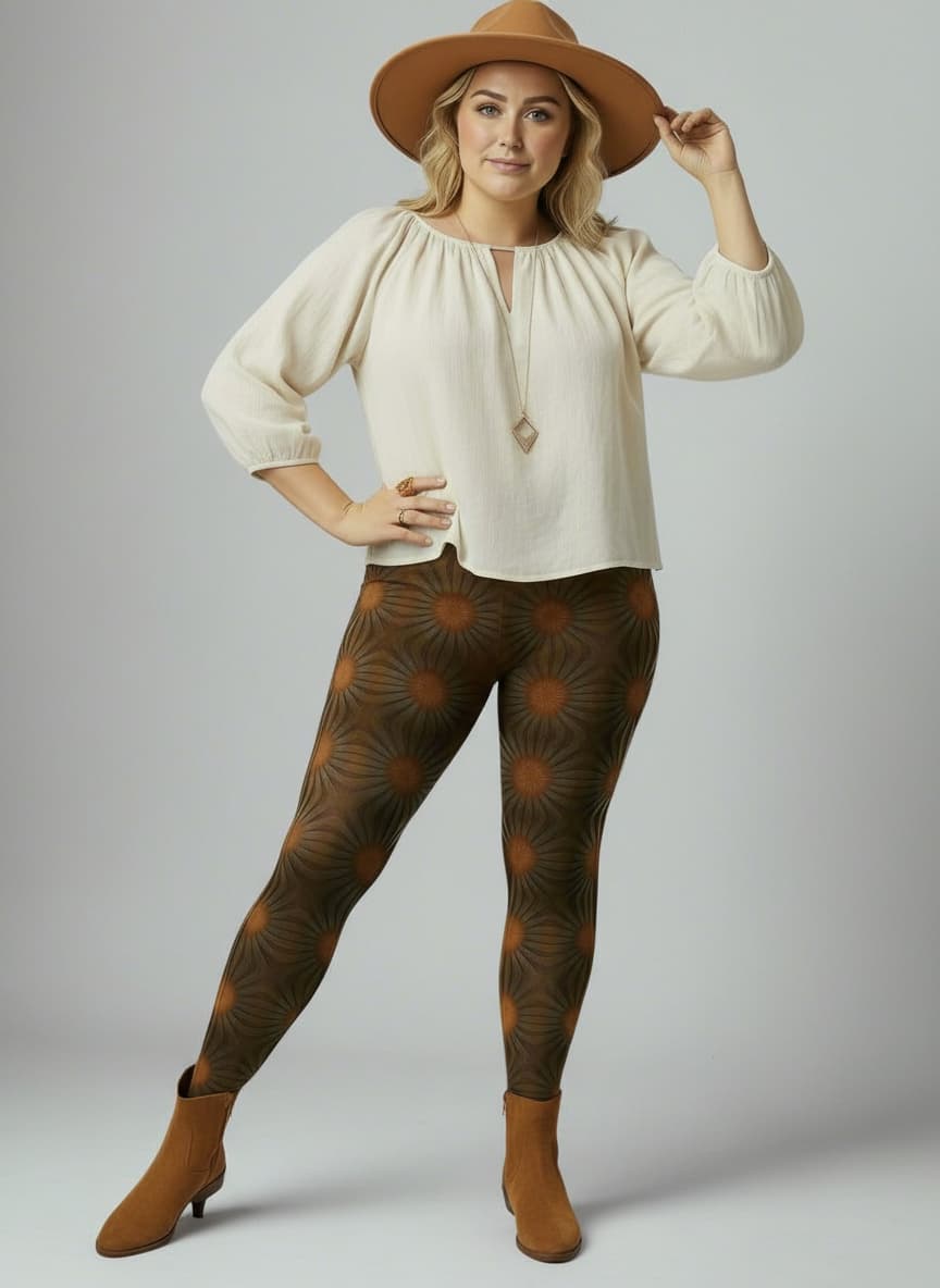 Woman wearing a beige blouse, patterned leggings, and brown hat on a gray background
