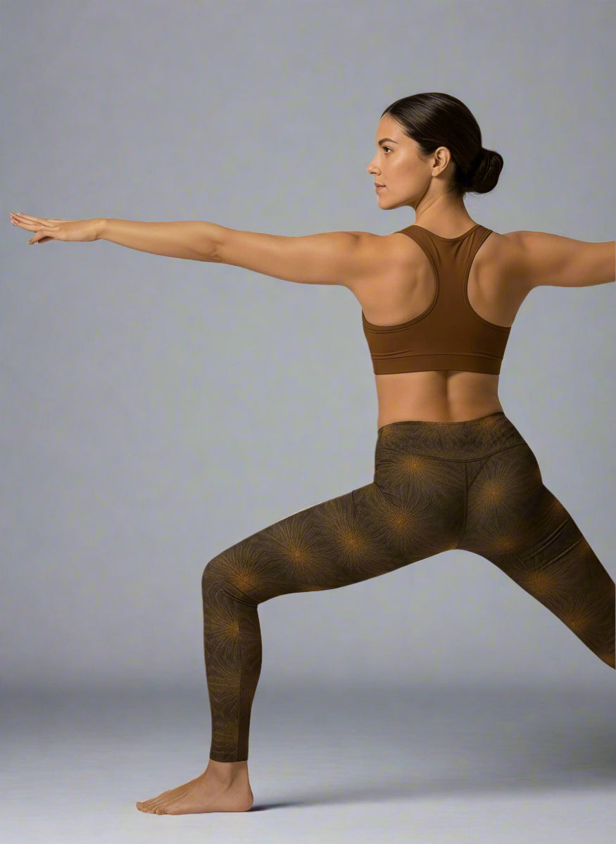 Woman in brown sports bra and leggings posing against a light gray background