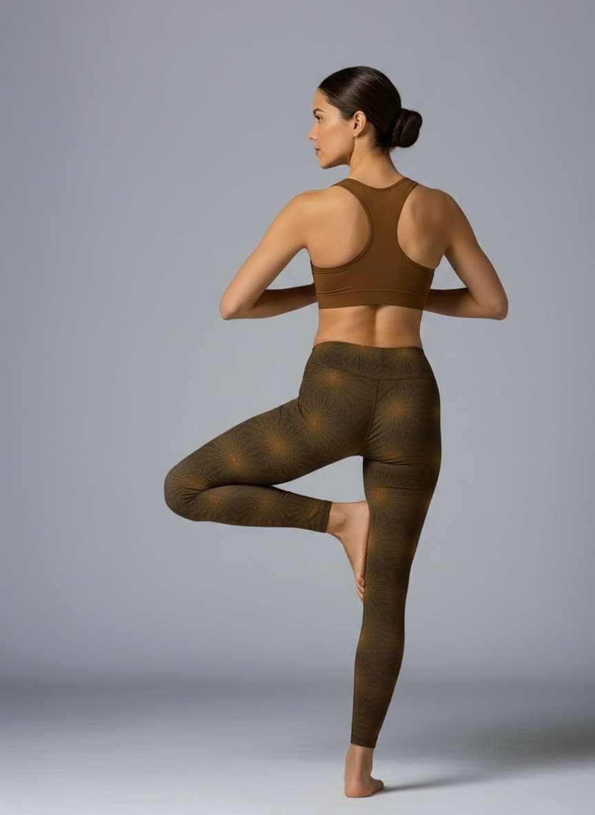 Woman wearing a brown sports bra and leggings on a gray background