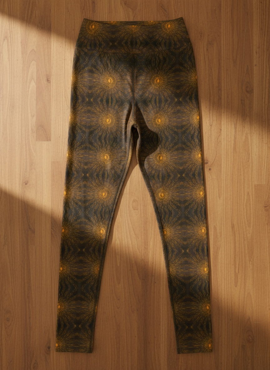  Front-flat product image of Rustic Amber leggings showing the full front panel and high-rise waistband, symmetrical mirrored brown and black kaleidoscope pattern with regularly spaced glowing orange circular motifs, full-length silhouette on a neutral background.