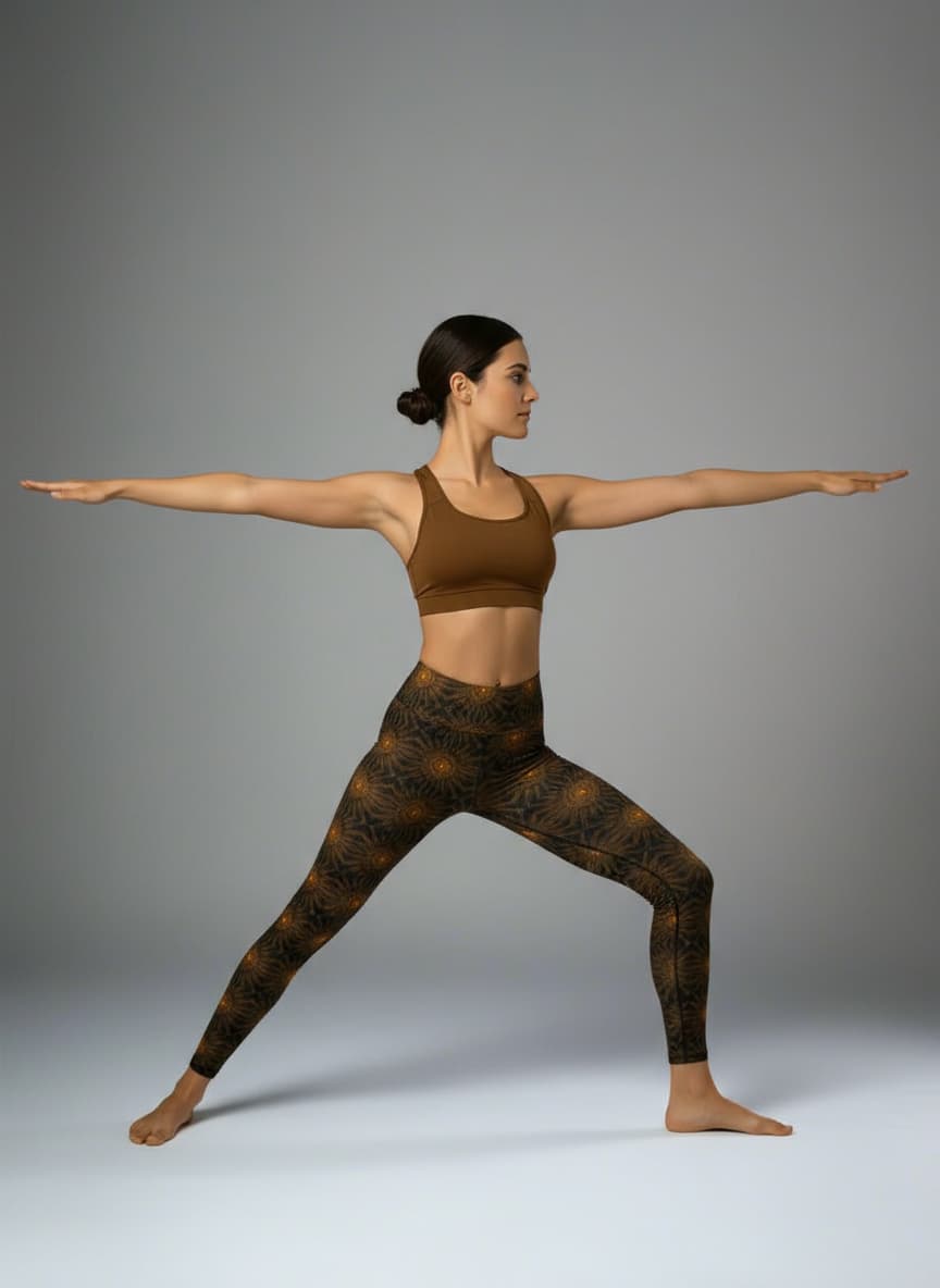 Woman in brown sports bra and leggings performing a yoga pose against a gray background
