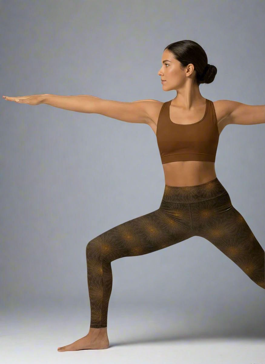 Woman in brown sports bra and leggings posing against a gray background