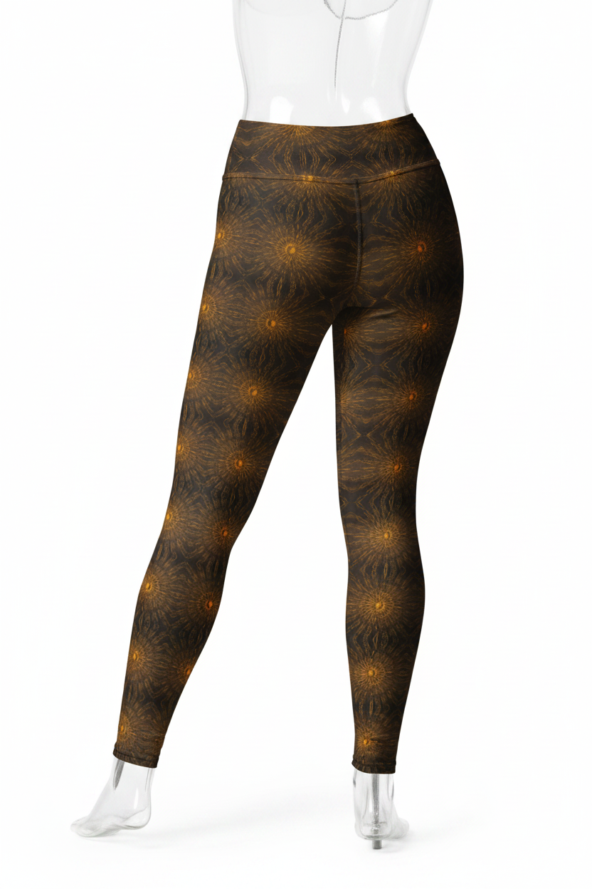 A mannequin modeling high-waisted leggings with a dark brown and black abstract pattern accented by glowing golden-yellow circular motifs, shown from the back against a plain white background.