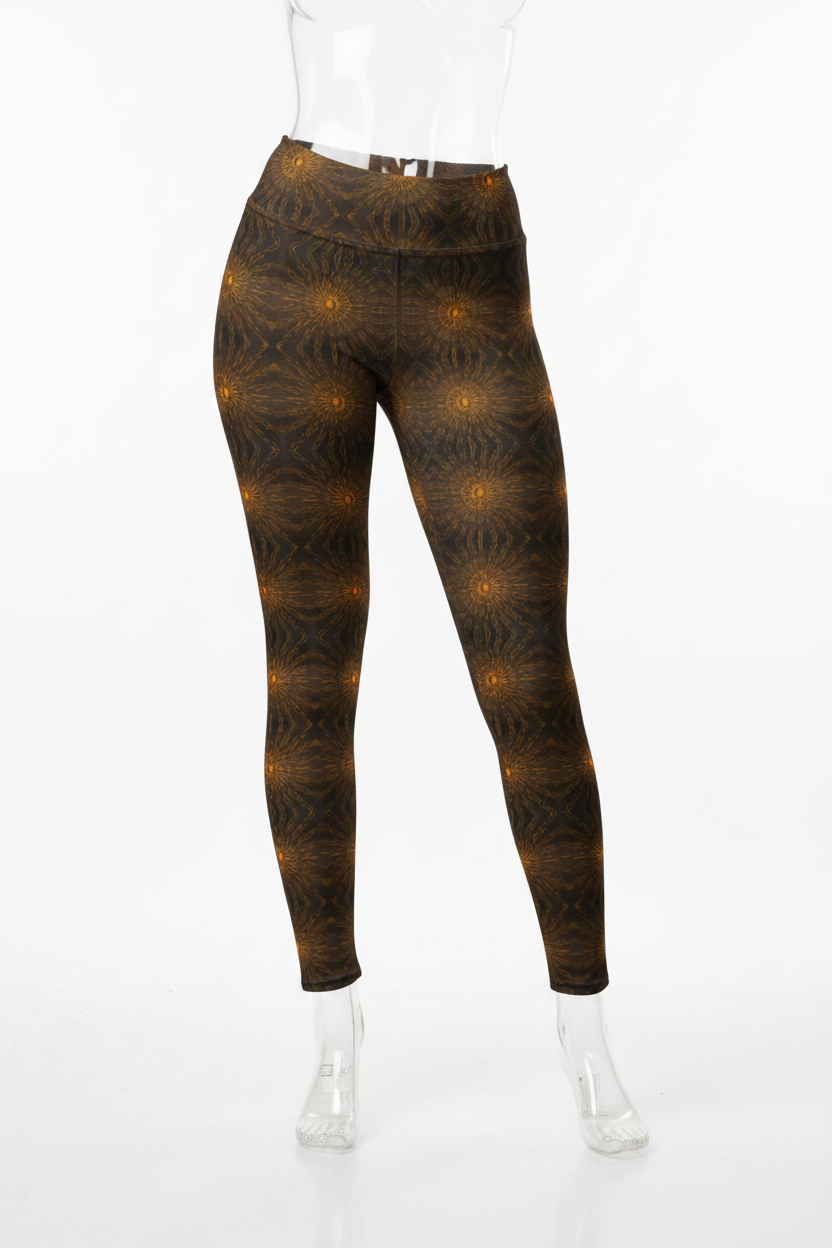 A mannequin wearing high-waisted leggings with a dark brown and black abstract mandala pattern accented by small golden-yellow dots, shown against a plain white background.