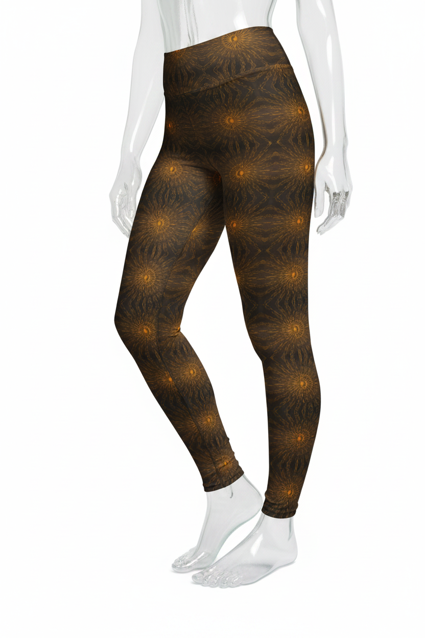 A mannequin wearing high-waisted leggings with a dark brown and black abstract pattern accented by glowing golden-yellow circular motifs, shown against a plain white background.