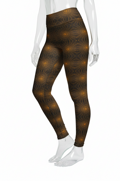 A mannequin wearing high-waisted leggings with a dark brown and black abstract pattern accented by glowing golden-yellow circular motifs, shown against a plain white background.