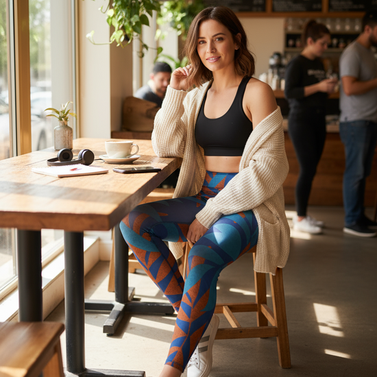 Woman sitting at a table in a cafe wearing colorful leggings and a black crop top.