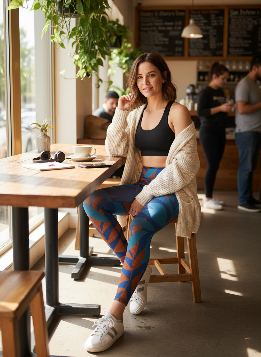 Woman sitting at a table in a cafe wearing colorful leggings and a black crop top.