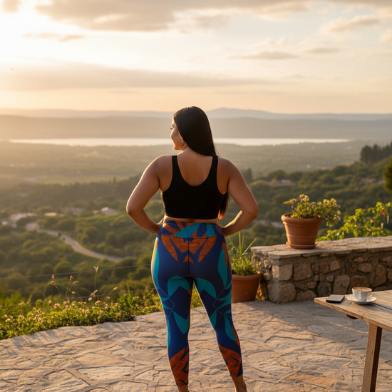 Person wearing colorful leggings and a black top standing on a stone patio with a scenic view.